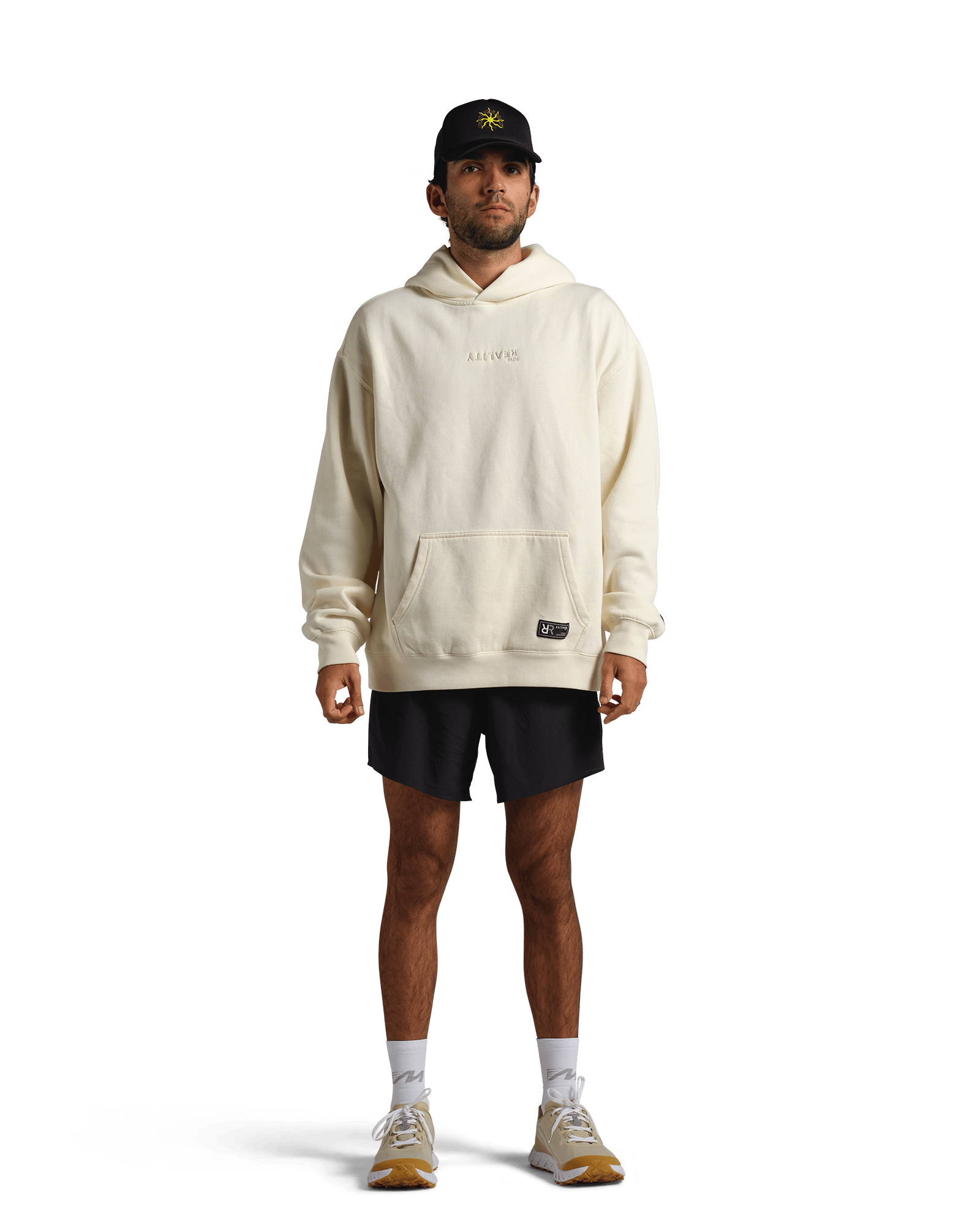 reality run logo fleece hoodie sand rr 21 0002 onmodel 03